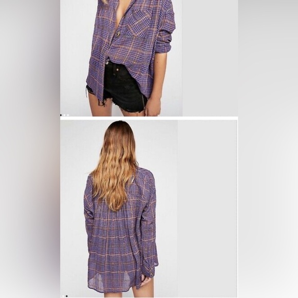 Free People Break My Stride Metallic Plaid Tunic Button-Up Shirt Violet Size S - Picture 2 of 10
